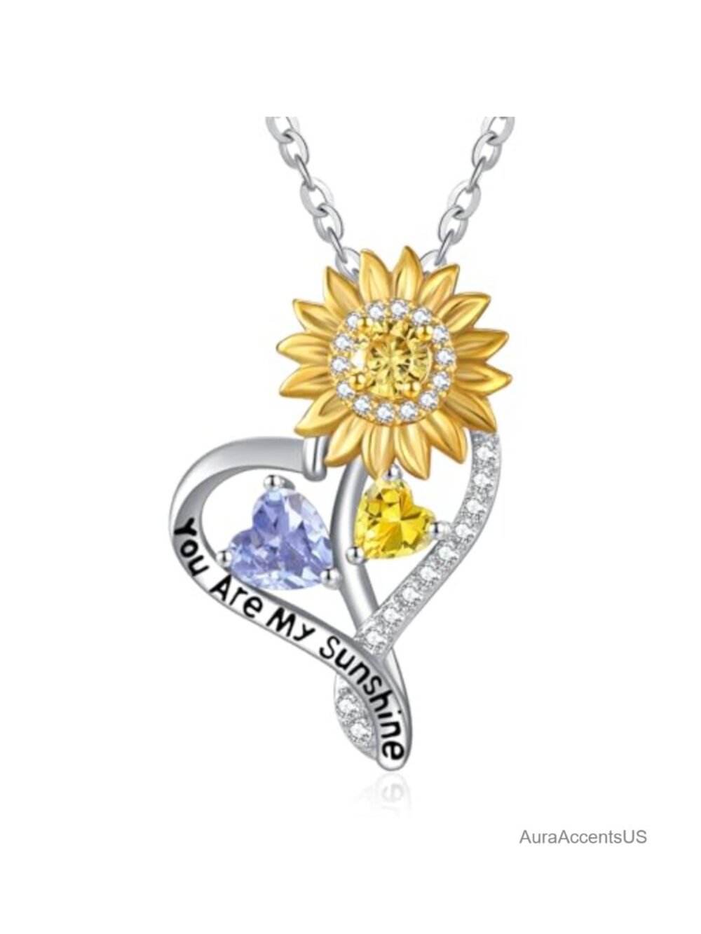 S925 Sterling Silver Sunflower Necklace Two Birthstones Pendant